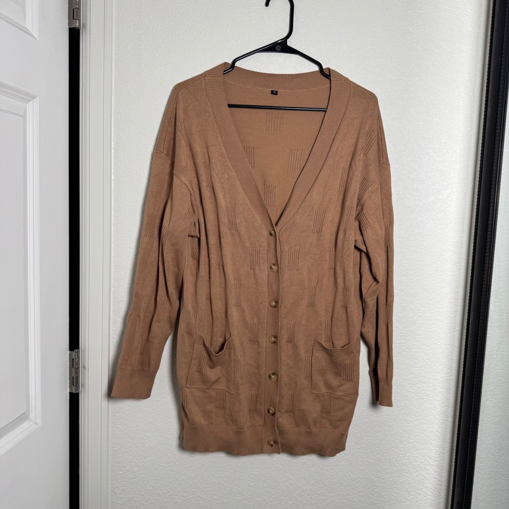 Cardigan Women XL Tan Brown Textured Knit V-Neck Button Front Pockets